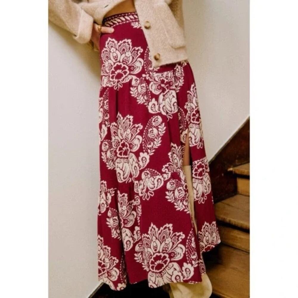 Sezane Burgundy and Cream Floral Midi Skirt